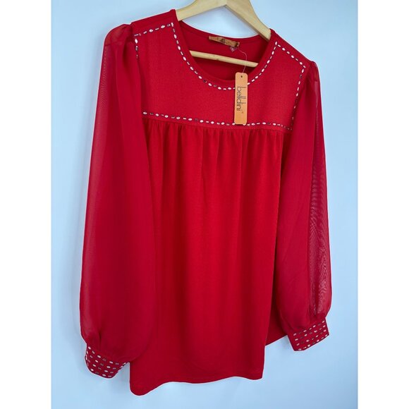 Belldini Embellished Sheer Long Chiffon Sleeve Stretch Blouse Top Red 1X NEW - Picture 2 of 7